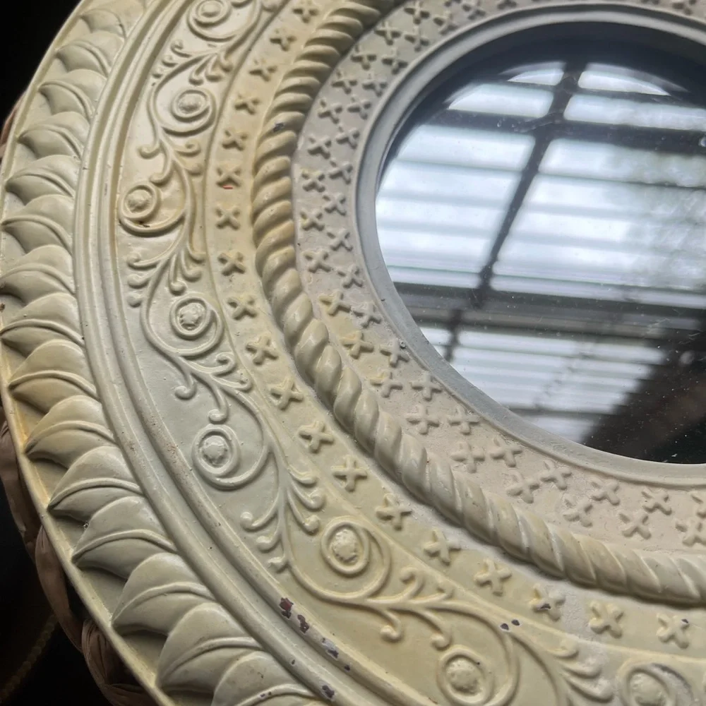 Mirror Y2K Gypsy Bohemian Circle Light Yellow Carved Eclectic Whimsy Nursery 90s